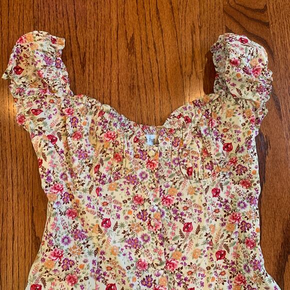Sweet Pot Mini Floral Button Down Peasant Dress (2) | Cream & Blue | AU 8/US 4 - Picture 4 of 16
